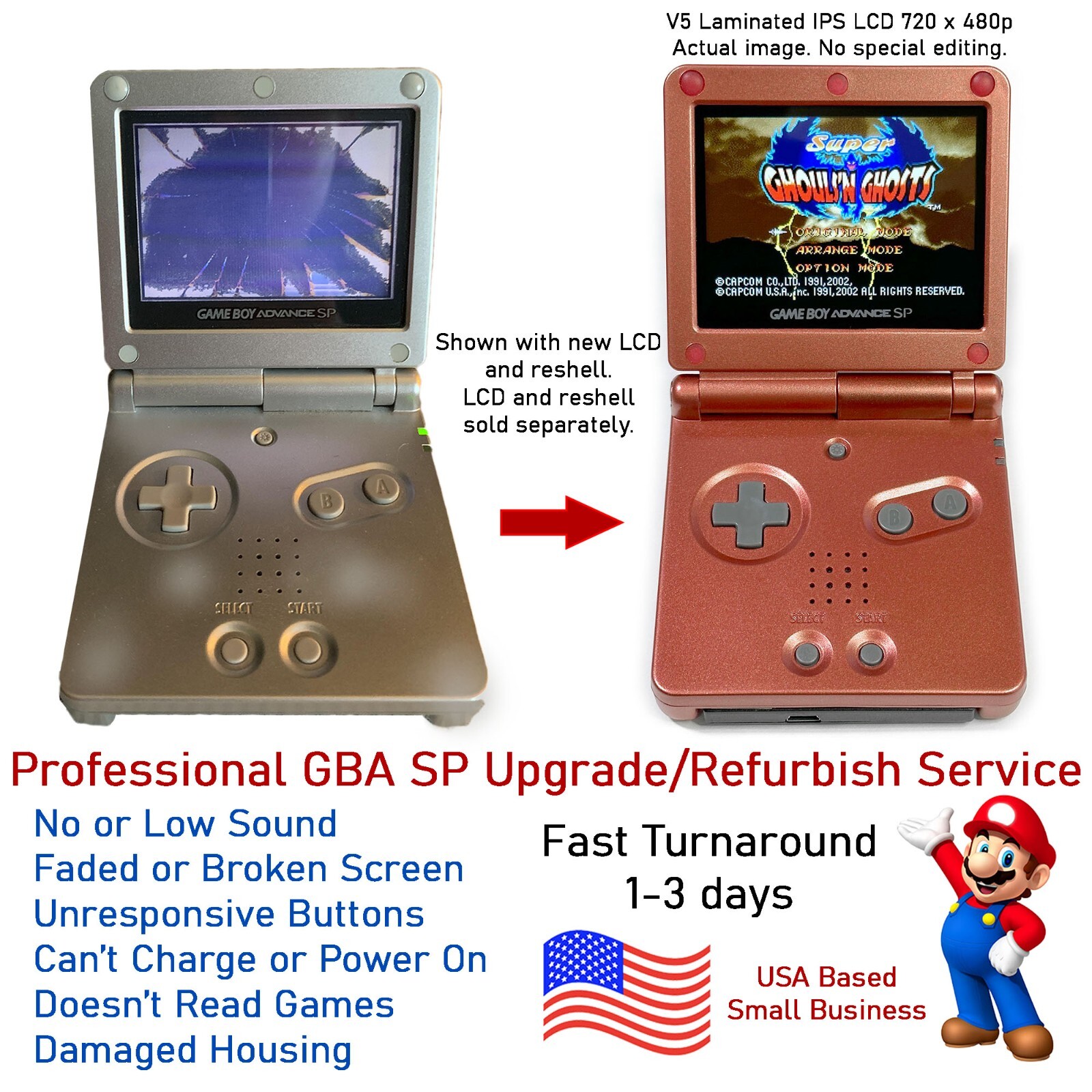 Nintendo Gameboy Advance GBA SP Mail In Repair Service – Replace LCD to V5 IPS